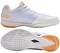 The Yonex Power Cushion Aerus Z2 Women’s Badminton Shoes in white and orange feature a textured sole for grip, white laces, light yellow accents, and Yonex logos on the side and tongue.