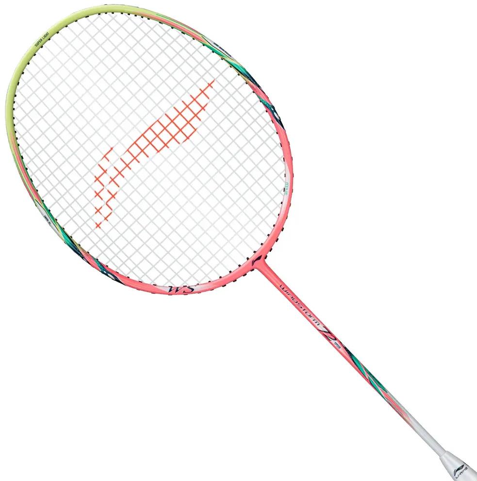 The Li-Ning Windstorm 72 Speed 6U Badminton Racket - Light Pink is a lightweight racket with a white grip, pink and green shaft, round white string head, red string bed accents, and advanced TB Nano Technology for better performance.