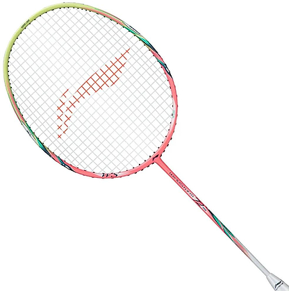 The Li-Ning Windstorm 72 Speed 6U Badminton Racket - Light Pink is a lightweight racket with a white grip, pink and green shaft, round white string head, red string bed accents, and advanced TB Nano Technology for better performance.