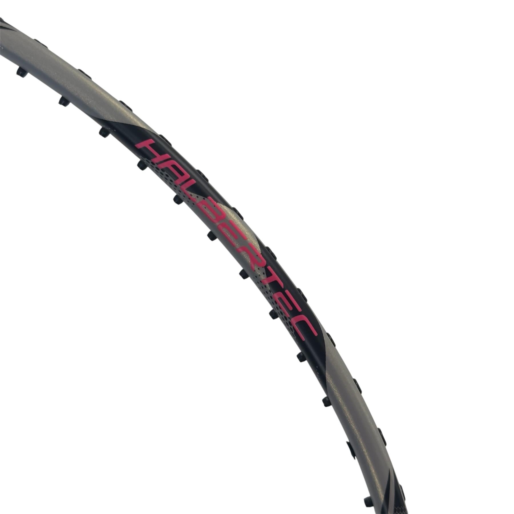 A close-up of the Li-Ning Halbertec 9000 Power Badminton Racket frame in black and silver, featuring "Kaisertec" in pink lettering on the metallic surface with black grommets along the edge.