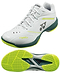 The Yonex Power Cushion 65Z4 Viktor Axelsen Men’s Wide Badminton Shoes in White/Lime feature a textured sole for grip, Yonex branding, and design accents inspired by Viktor Axelsen. One shoe is shown from the side, the other from below.