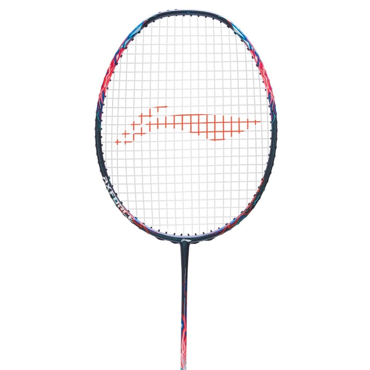 A detailed view of the Li-Ning Axforce 90 Tiger Max 4U badminton racket, ideal for experienced players. It boasts a sophisticated black design with vibrant highlights, and the strings create a straightforward orange pattern amidst a white backdrop.