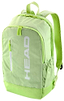 The HEAD BASE Badminton Backpack 17L - SG is lime green with "HEAD" printed vertically in white on the front pocket. It includes a zippered front pocket, racket compartment, side mesh pockets, padded shoulder straps, and features a top handle and zipper pulls.