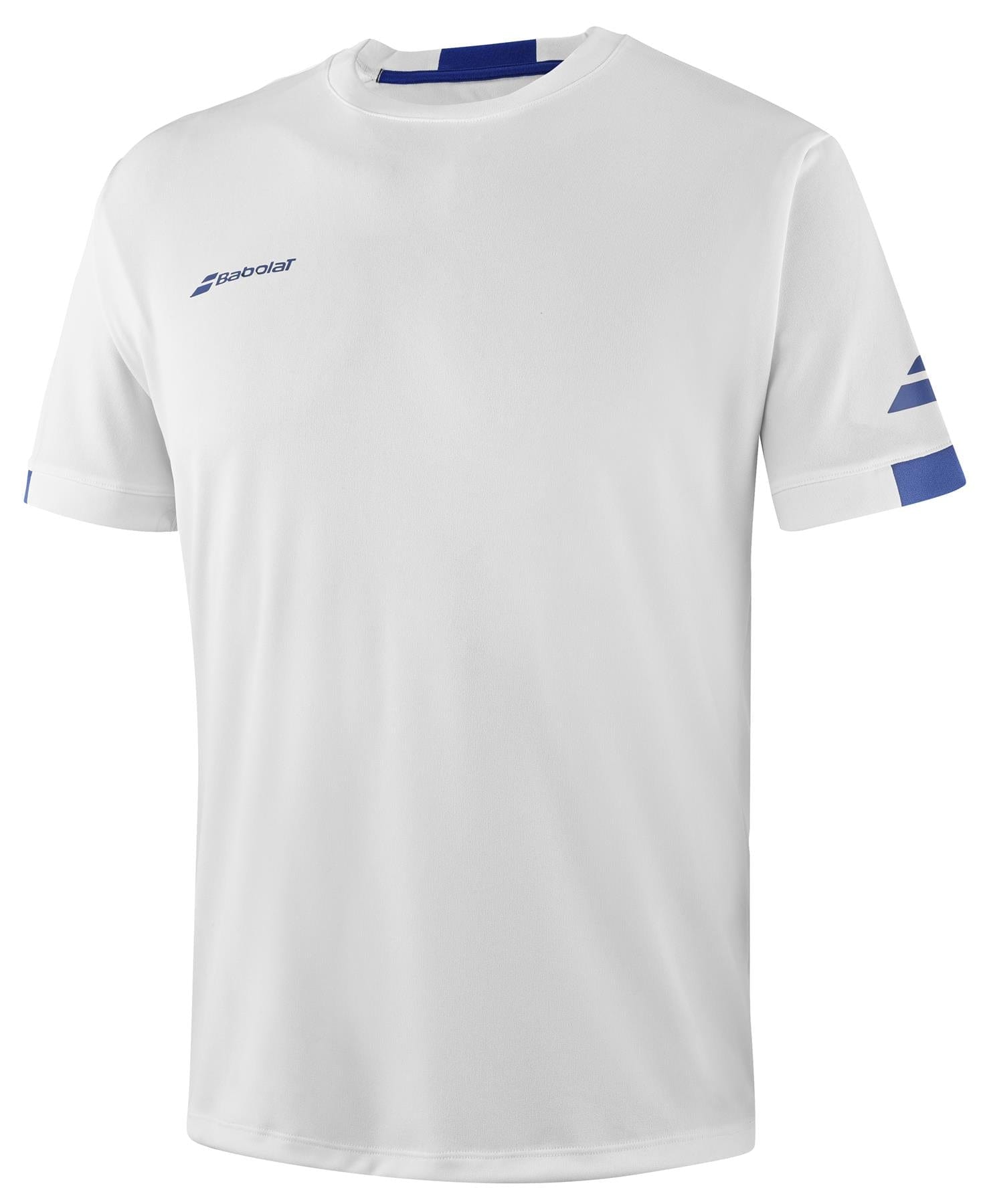 The Babolat Play Men's Crew Neck Badminton T-Shirt in white showcases a simple design with a small blue logo on the left chest and two blue stripes on the left sleeve. Utilizing Babolat's Play technology, this sports shirt is made from Fiber Dry polyester, providing a lightweight and breathable fabric ideal for a game of tennis.