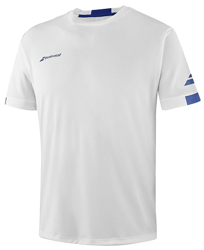 The Babolat Play Men's Crew Neck Badminton T-Shirt in white showcases a simple design with a small blue logo on the left chest and two blue stripes on the left sleeve. Utilizing Babolat's Play technology, this sports shirt is made from Fiber Dry polyester, providing a lightweight and breathable fabric ideal for a game of tennis.