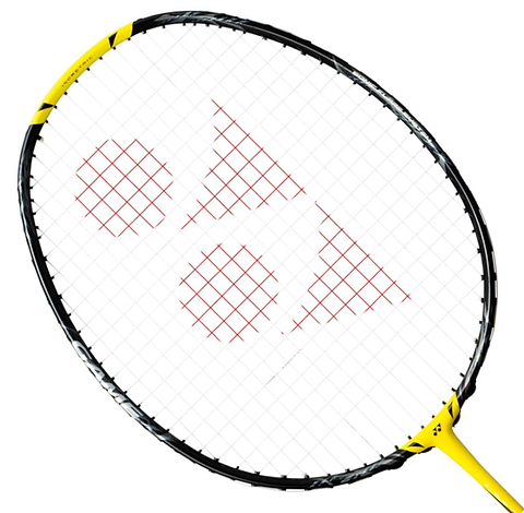 A Yonex Nanoflare 1000 Game 4U badminton racket in Lightning Yellow, featuring a red logo on the mesh strings, is displayed at an angle against a white background.