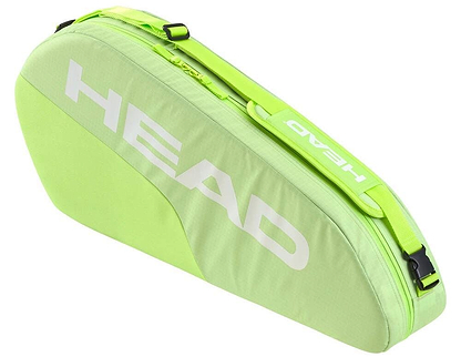 The HEAD BASE 3 Racket Badminton Bag S - SG is a lime green bag featuring a bold white "HEAD" logo, adjustable shoulder carry system, and zippered closure. Its sleek, padded design offers reinforced construction, perfect for enthusiasts.