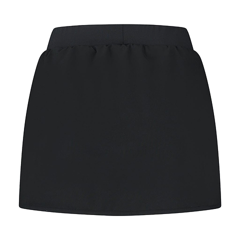 Introducing the K-Swiss Tac Hypercourt Pleated Badminton Skirt 4 in Black from the Hypercourt collection. This skirt boasts a minimalist design with an elastic waistband and smooth seams, crafted from lightweight 100D 4-Way Density Stretch fabric. It features a straight silhouette that stands out beautifully against a white background.