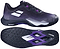 The Babolat Shadow Tour 5 Womens Badminton Shoes in black and purple are shown, highlighting a side view and a Michelin-branded textured sole. Ideal as badminton court shoes.