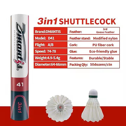 An Ashaway Dmantis D41 Hybrid Badminton Feather Shuttles package displays specs for the model, including goose feathers, a durable nylon skirt, PU fiber cork, and dimensions. Three shuttlecocks are shown at the bottom.
