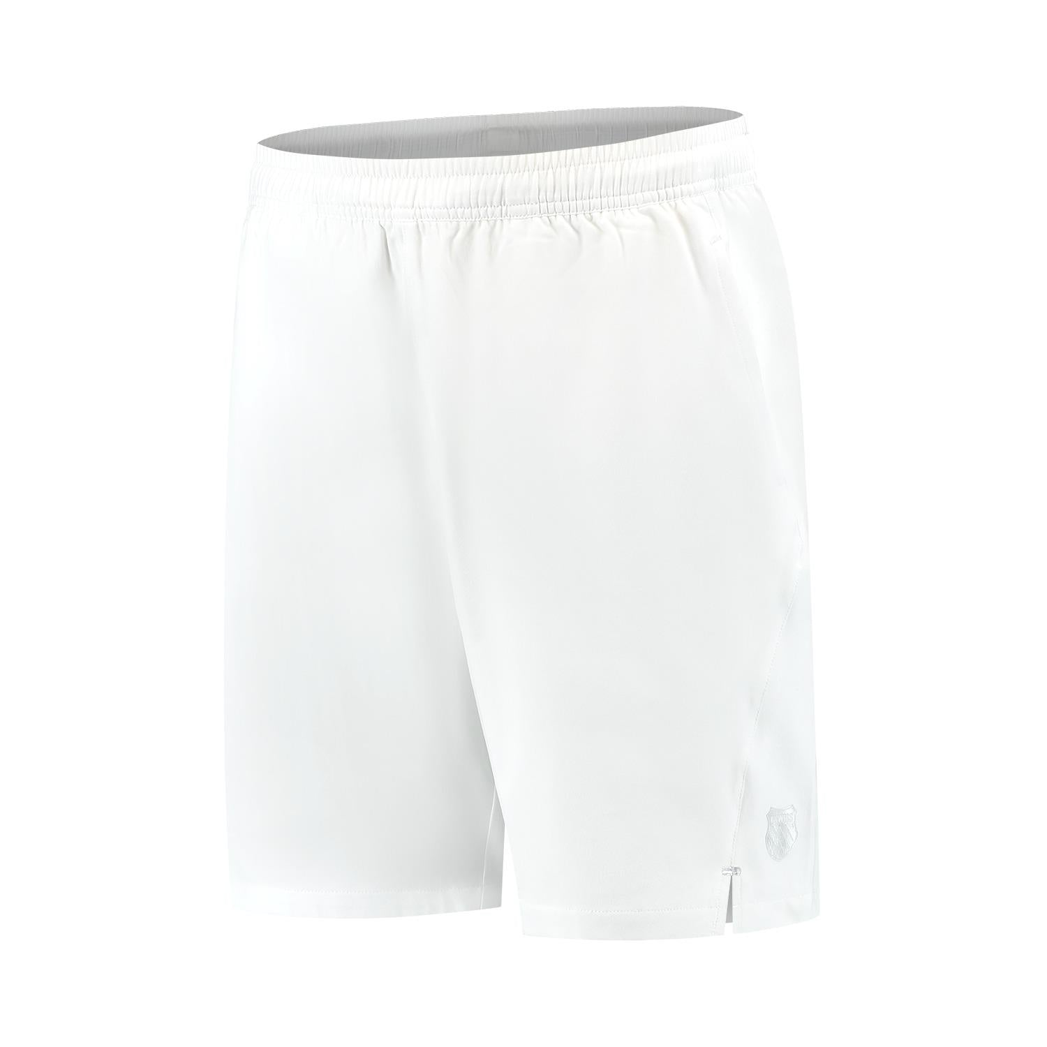 The K-Swiss Hypercourt 7" Men's Badminton Shorts in white, featuring four-way stretch polyester and an elastic waistband, offer a minimalist design with a subtle logo. Perfect for sports or exercise, their lightweight fabric provides comfort and style inspired by K-Swiss Hypercourt 2.
