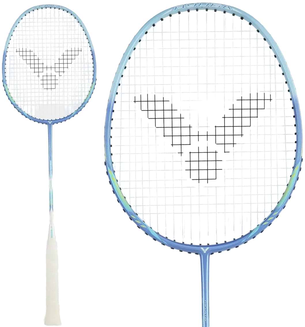 The Victor Thruster Ryuga Sport F 3U Badminton Racket in blue by Victor features a white handle and black stylized bird logo on the strings, shown in both full view and close-up. Ideal for beginner to intermediate players.