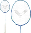 The Victor Thruster Ryuga Sport F 3U Badminton Racket in blue by Victor features a white handle and black stylized bird logo on the strings, shown in both full view and close-up. Ideal for beginner to intermediate players.