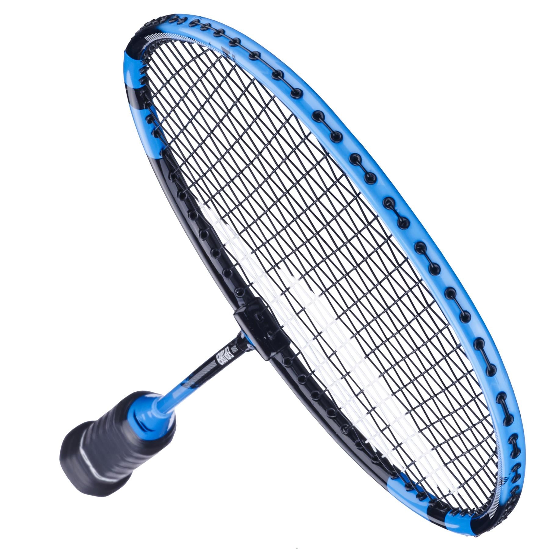 A close-up of the Babolat Explorer 2026 Badminton Racket in blue and black, highlighting its strings and frame against a white background—an ideal choice for beginners.