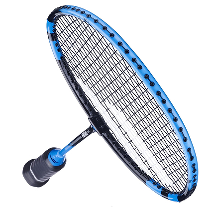 A close-up of the Babolat Explorer 2026 Badminton Racket in blue and black, highlighting its strings and frame against a white background—an ideal choice for beginners.