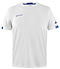 The Babolat Play Men's Crew Neck Badminton T-Shirt in white is made from recycled polyester fabric and features small blue graphic elements on the sleeves and chest. It is presented against a plain white background.