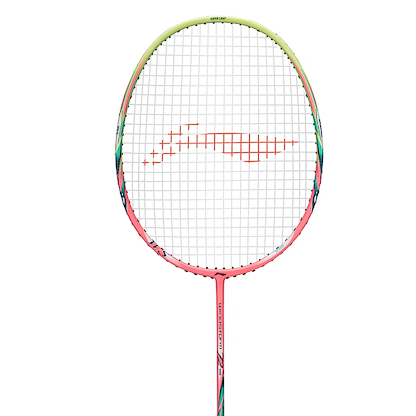 The Li-Ning Windstorm 72 Speed 6U Badminton Racket in light pink features a pink and green frame, red Li-Ning logo on white strings, and lightweight TB Nano Technology, shown against a plain white background.