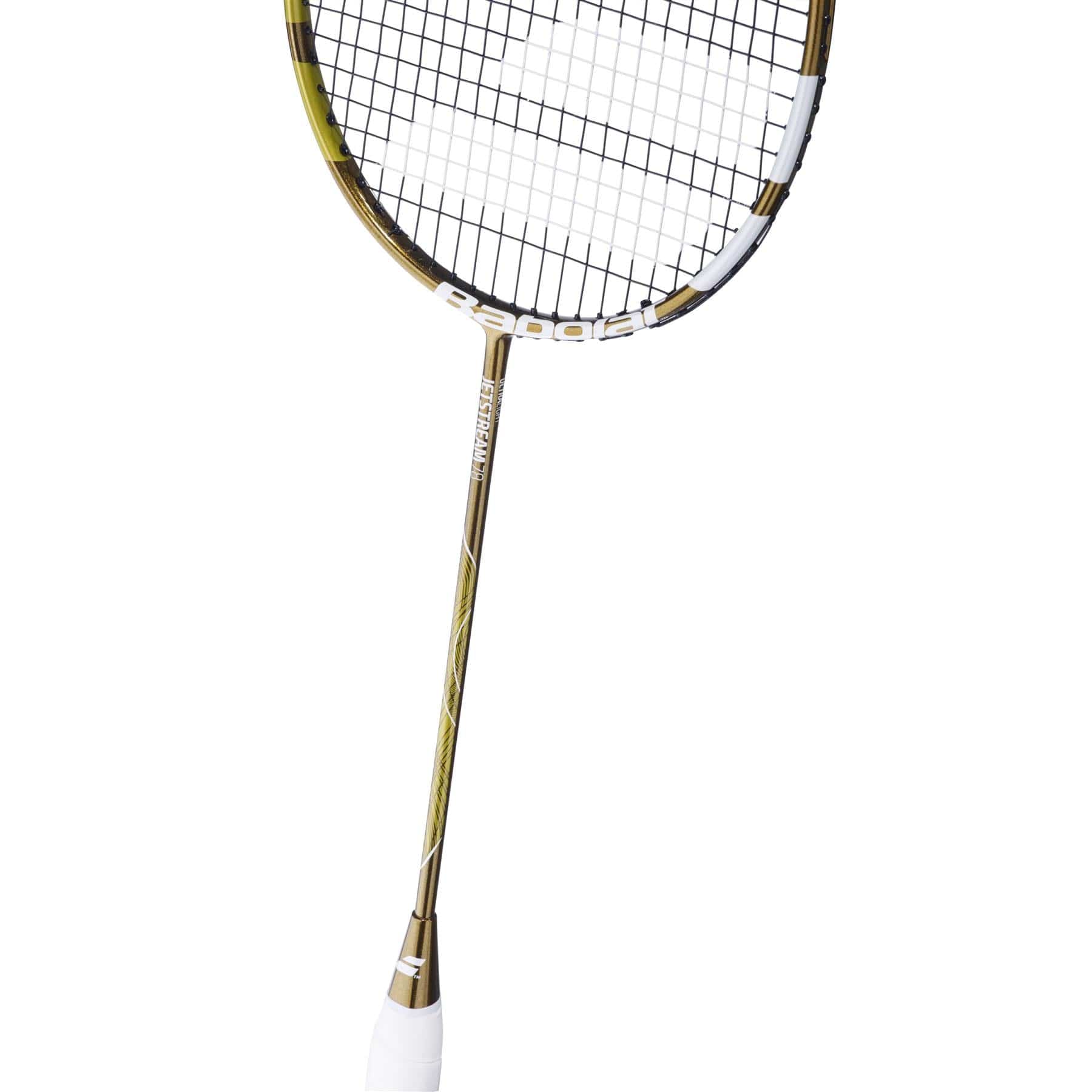 The Babolat Jetstream 78 5U Badminton Racket by Babolat boasts an ultra-lightweight design with a black stringed head, gold and white shaft, and a white grip for optimal playing comfort.