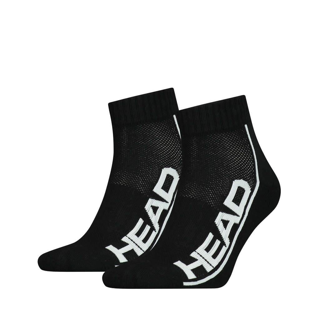 The HEAD Stripe Quarter Socks (2 Pack) in black showcase the word "HEAD" in striking white lettering on the side. These socks are designed with ribbed cuffs, cushioned soles for improved comfort, a mesh-like texture that ensures breathability, and built-in arch support to enhance your everyday steps.