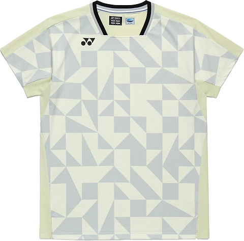The Yonex 10712YX Crew Neck Men's Badminton T-Shirt in Champagne features a quick-drying fabric, light gray geometric pattern, pale yellow sleeves and sides, black collar trim, and a small Yonex logo on the upper left chest.