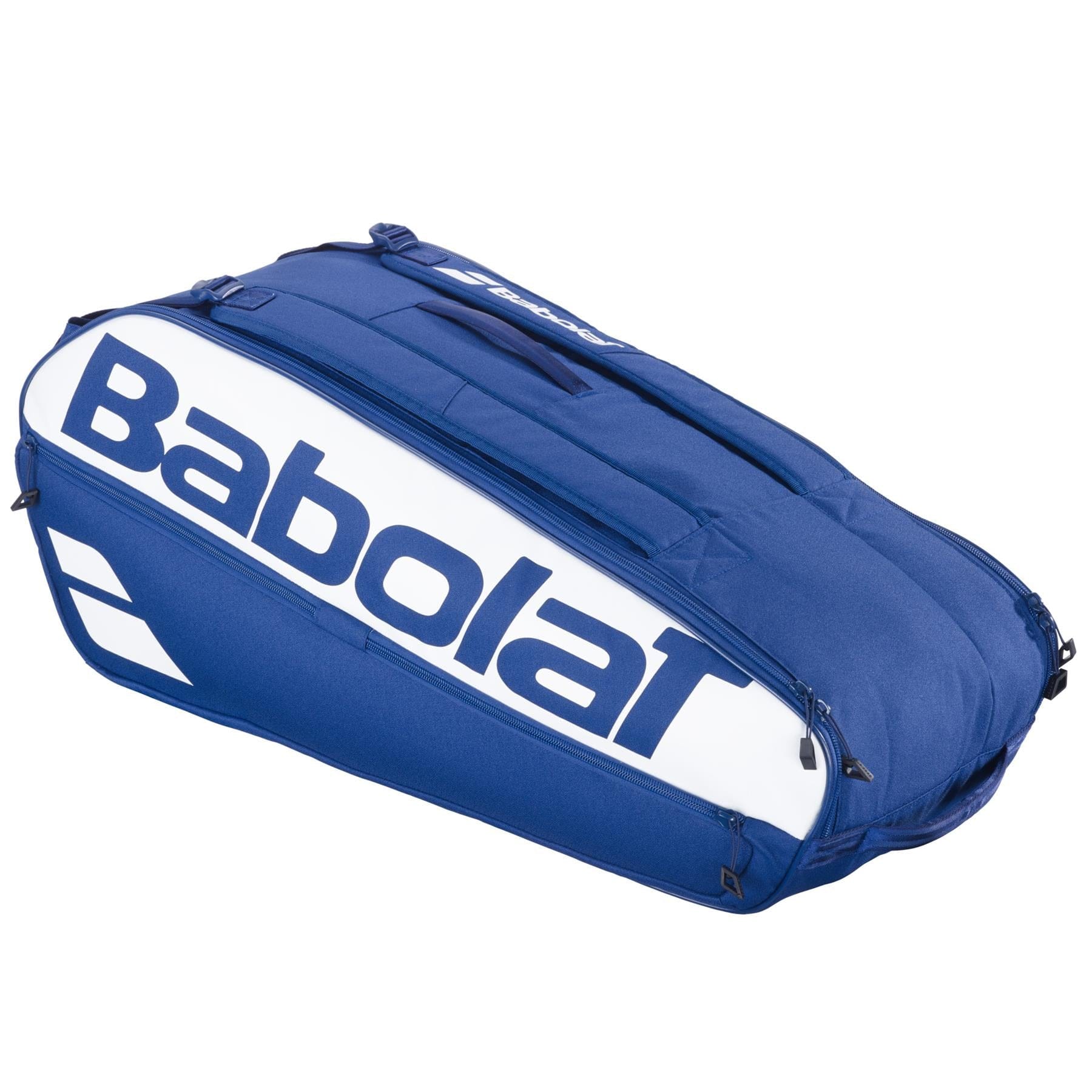 The Babolat Court L 9 Racket Badminton Bag in dark blue offers ample storage with multiple zipped compartments, convenient for players on the go, and showcases the Babolat logo prominently on the side.