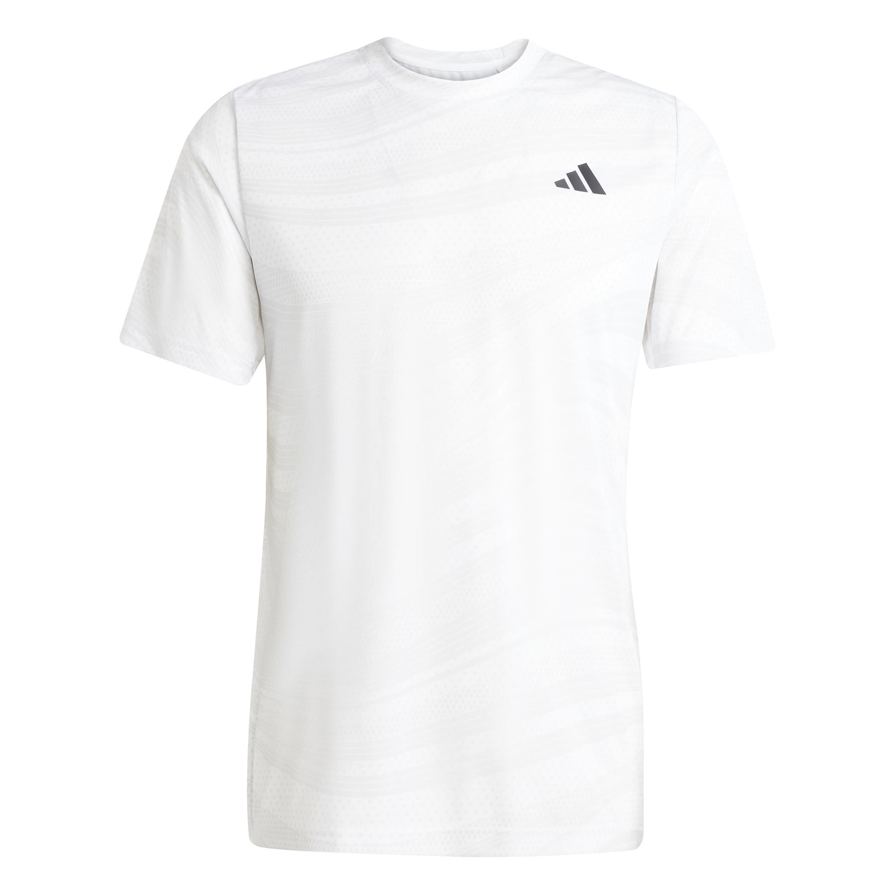 The ADIDAS Mens Club Graphic Badminton T-Shirt in white/grey features a subtle pattern, small black adidas logo on the left chest, and moisture-wicking recycled fabric for comfortable athletic performance.