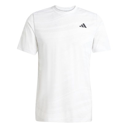 The ADIDAS Mens Club Graphic Badminton T-Shirt in white/grey features a subtle pattern, small black adidas logo on the left chest, and moisture-wicking recycled fabric for comfortable athletic performance.