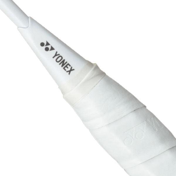Close-up of the Yonex Nanoflare Nextage 4U Badminton Racket in White/Grey with white grip tape and the Yonex logo—ideal for intermediate players.