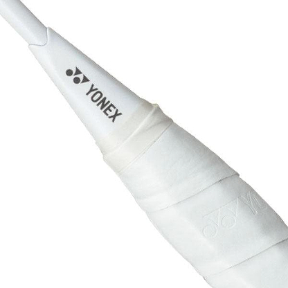 Close-up of the Yonex Nanoflare Nextage 4U Badminton Racket in White/Grey with white grip tape and the Yonex logo—ideal for intermediate players.