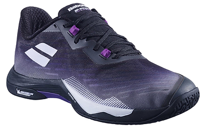 The Babolat Shadow Tour 5 Mens Badminton Shoes in black and purple feature white accents, black laces, a textured sole, branding on the tongue and side, and a Michelin logo near the heel—ideal for indoor court play.