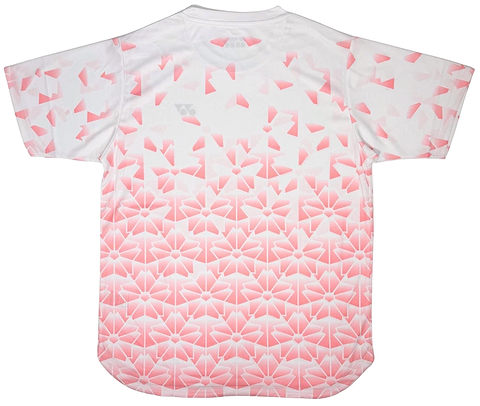 The Yonex YTM2025B Men’s Badminton T-Shirt in white features a pink geometric floral ombre pattern with interlocking shapes and triangles, offering a quick-dry, stylish look for active players.