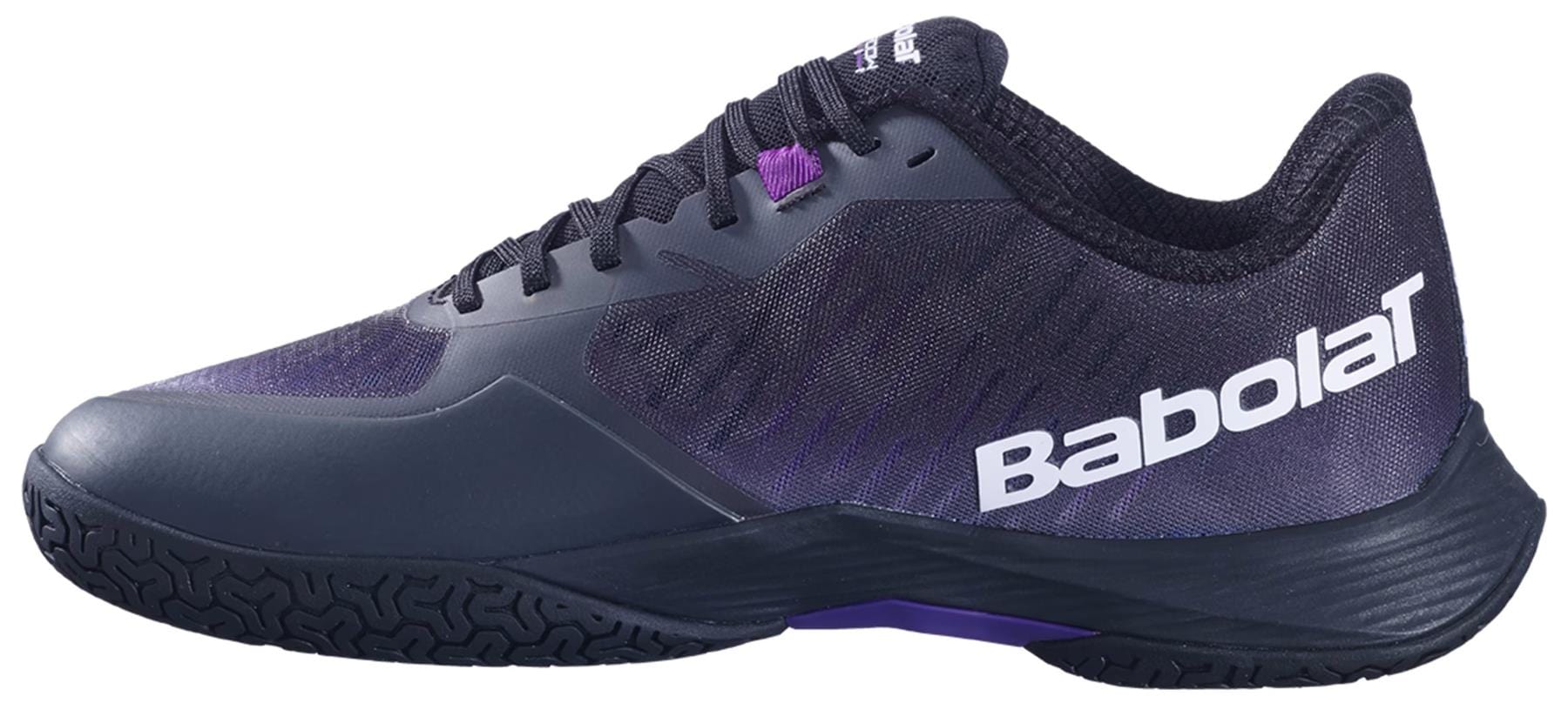 The Babolat Shadow Tour 5 Mens Badminton Shoes in black and purple feature white branding, a textured rubber sole, and black laces—ideal indoor court shoes for any match.