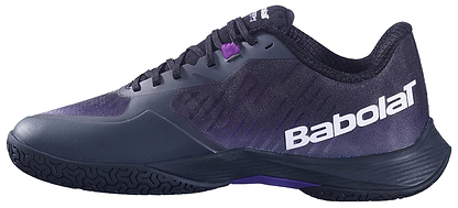 The Babolat Shadow Tour 5 Mens Badminton Shoes in black and purple feature white branding, a textured rubber sole, and black laces—ideal indoor court shoes for any match.