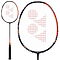Introducing the Yonex Astrox 77 Tour 4U Badminton Racket in High Orange, featuring a striking black and orange handle and frame. Its white strings display a distinctive red logo pattern. With ISOMETRIC technology and a Rotational Generator System, this racket is beautifully showcased from both side and front views.