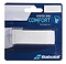 The Babolat Syntec Evo X1 Replacement Badminton Grip - White, by Babolat, provides exceptional comfort and impressive moisture absorption. This white grip is stylishly encased in a dark blue cardboard box, complete with detailed product information to guarantee both performance and elegance.