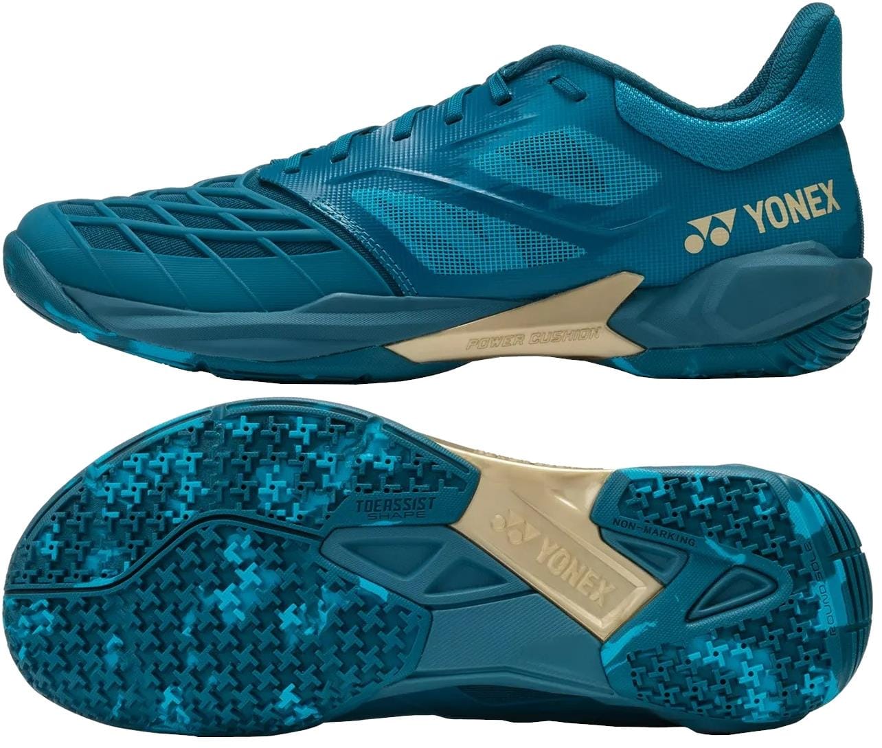 Two views of the Yonex Power Cushion Cascade Drive 3 Unisex Badminton Shoes in Peacock Blue: a side profile highlighting the Yonex logo and design, plus the sole with patterned grip, extra branding, and signature Power Cushion technology.