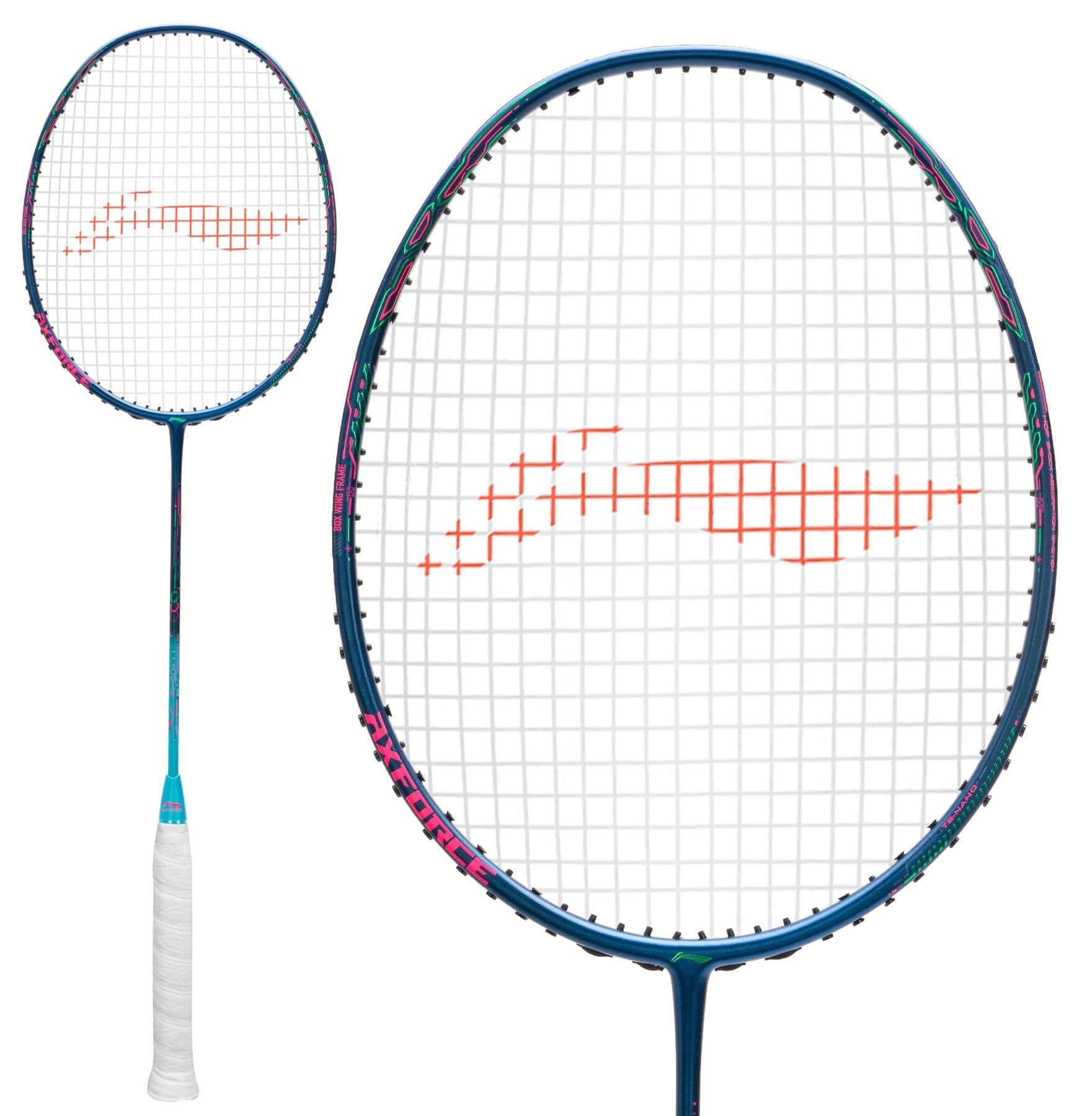 The Li-Ning Axforce 50 5U Badminton Racket in dark purple/blue, with a white grip and red string markings, is displayed in full view and a close-up of its Box Wing Frame on a white background.