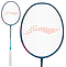 The Li-Ning Axforce 50 5U Badminton Racket in dark purple/blue, with a white grip and red string markings, is displayed in full view and a close-up of its Box Wing Frame on a white background.