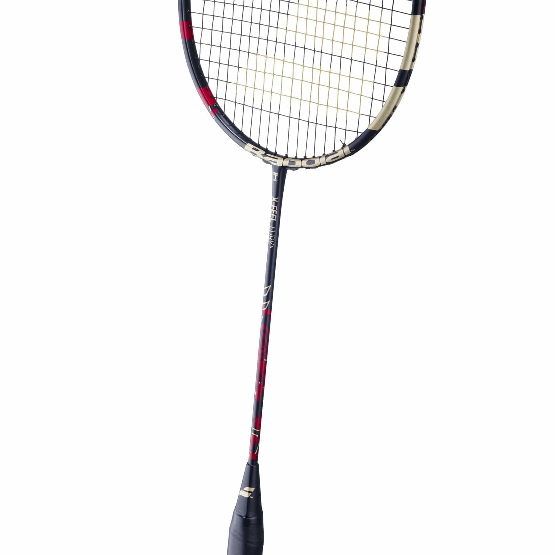 The Babolat X-Feel Fury Badminton Racket by Babolat boasts a striking red and black design with a grid of strings and a dark grip against a white background, providing exceptional power transmission.