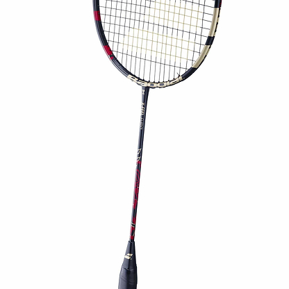 The Babolat X-Feel Fury Badminton Racket by Babolat boasts a striking red and black design with a grid of strings and a dark grip against a white background, providing exceptional power transmission.