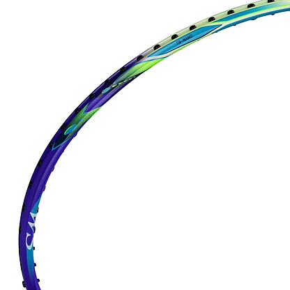 A close-up of the Li-Ning Windstorm 72 Power 6U Badminton Racket - Purple shows its vibrant blue, green, and purple frame, black grommets, and string holes—emphasizing its lightweight build and advanced TB Nano Technology.