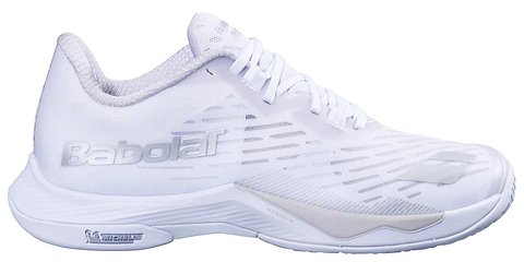 The Babolat Shadow Tour 5 Women's Badminton Shoe in white features gray accents, a mesh upper, and the Michelin logo on the sole, shown from a side view.
