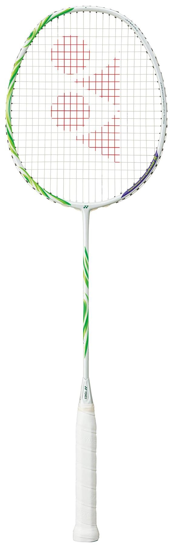 A greyish beige Yonex Astrox 100 Game VA Viktor Axelsen 4U badminton racket with green accents, white grip, and red "YY" logo on the strings in a plain white background.