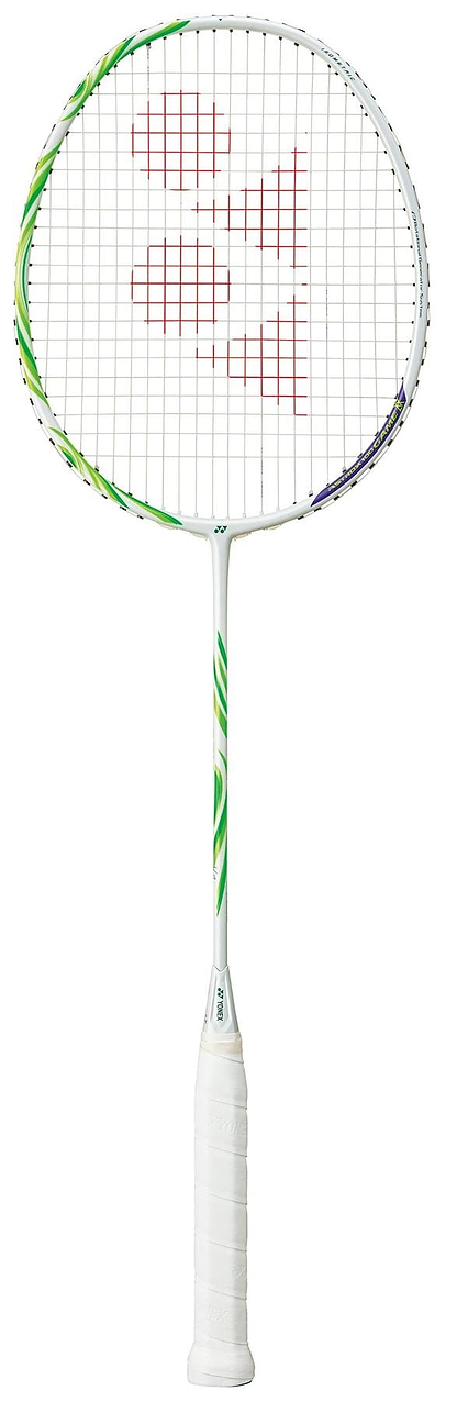 A greyish beige Yonex Astrox 100 Game VA Viktor Axelsen 4U badminton racket with green accents, white grip, and red "YY" logo on the strings in a plain white background.