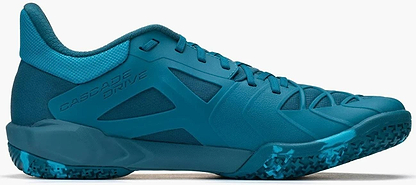 The Yonex Power Cushion Cascade Drive 3 Unisex Badminton Shoe in Peacock Blue features a textured sole, mesh and synthetic upper, and "CASCADE DRIVE" text on the side, shown from the left.