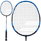 The Babolat Explorer 2026 Badminton Racket in blue and black, with a black grip and tightly strung net, is shown fully and in a close-up of the head—perfect for beginners.