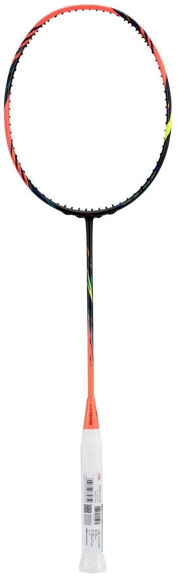 The Li-Ning BladeX 500 4U Badminton Racket - Neon True Orange features TB Nano Technology, with a neon orange frame and white grip, displayed vertically against a white background.
