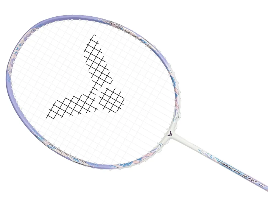 The Victor Jetspeed S 12FTD T 4U Badminton Racket by Victor features a white base with violet trim on the head, a darker string logo pattern, and an Aero-Sword frame for enhanced speed.