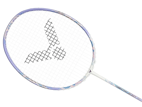 The Victor Jetspeed S 12FTD T 4U Badminton Racket by Victor features a white base with violet trim on the head, a darker string logo pattern, and an Aero-Sword frame for enhanced speed.