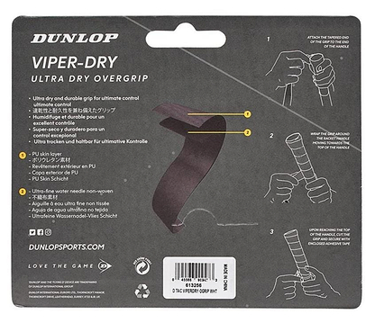 The packaging for the Dunlop Viper-Dry Badminton Overgrip - 3 Pack - White features text in multiple languages and illustrations detailing how to apply the grip to a racquet handle. It is designed for effective perspiration absorption and includes a black graphic of the grip, along with a barcode at the bottom.